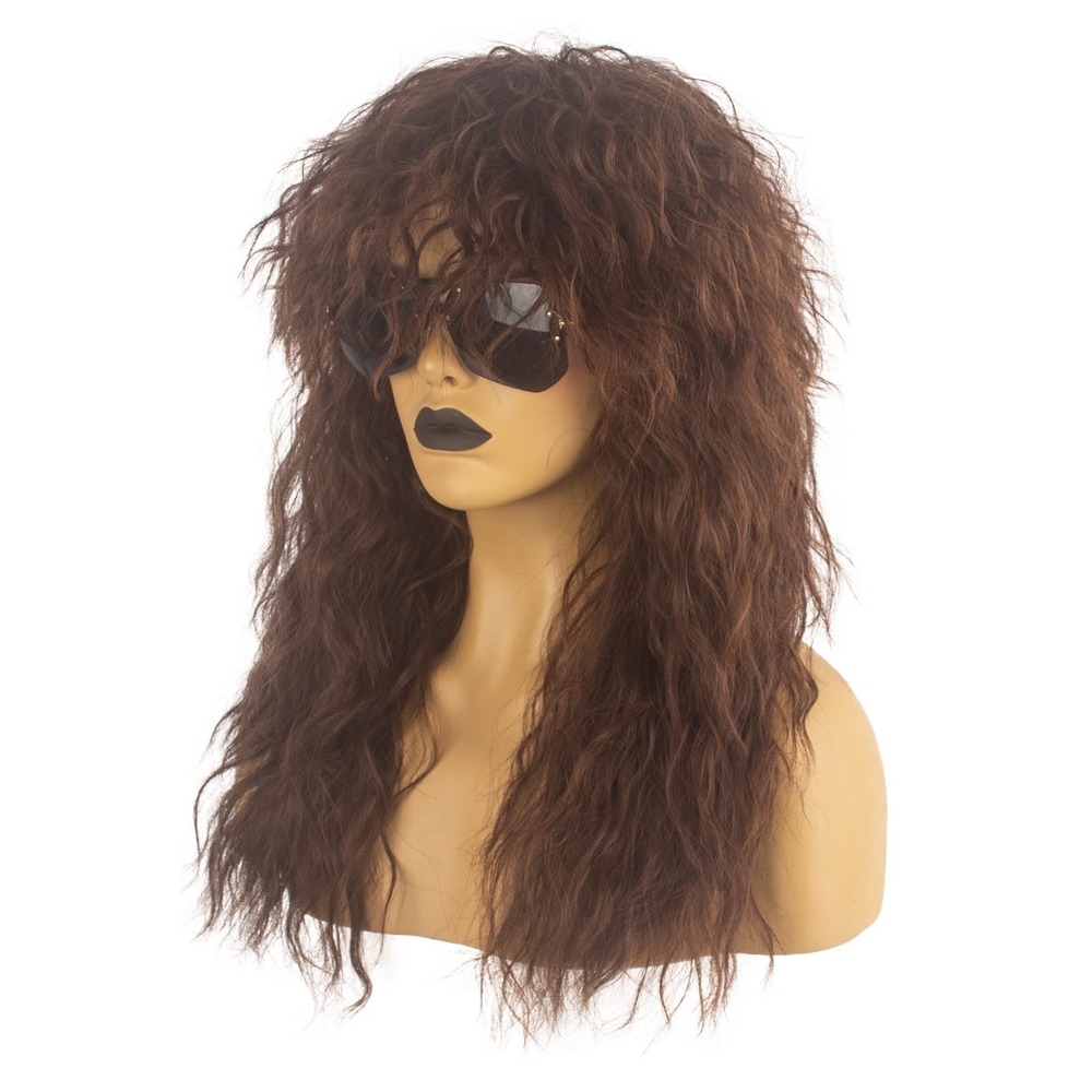 NWT Askuang 70s 80s Rocker Long Brown Curly Mullet Costume Wig Unisex